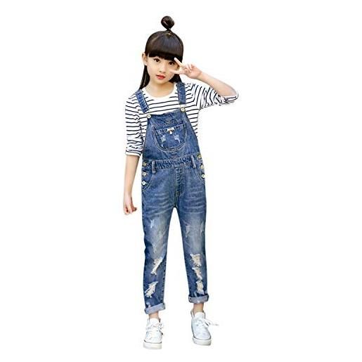 De feuilles salopette in jeans per bambini, pantaloni con tasche laterali strappate confortevoli, casual blu 7-8 anni