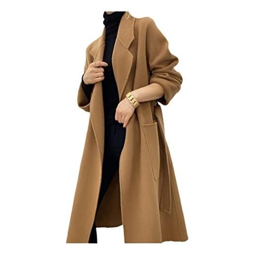Mornattt cappotto di lana chic delle donne con la cinghia manica lunga tinta unita casuale caldo lungo cappotto, cammello, medium
