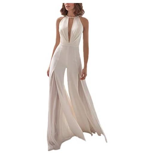 Huixin tuta donna elegante smanicato tutine festivo da sposa pantalone zug v profondo con pizzo lunga pagliaccetto pantaloni larghi partito per la notte (bianco, s)