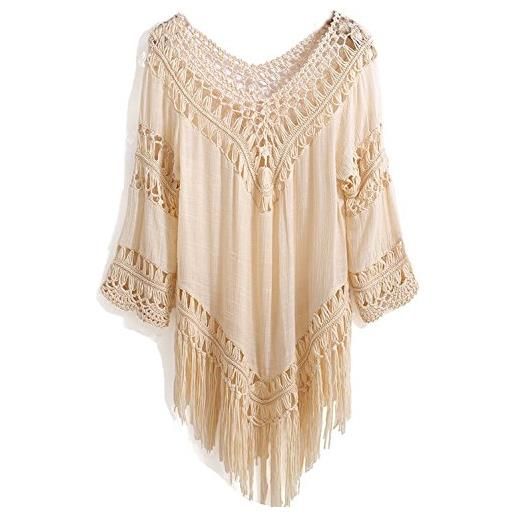 L-Peach donna crochet copricostumi parei per costume da bagno manica lunga per spiaggia v-collo bikini cover up taglia unica beige