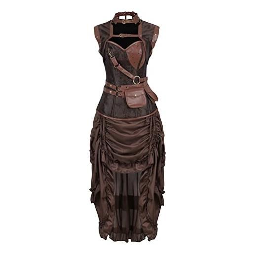 Hengzhifeng bustino corsetto con gonna costumi halloween corsetti donna steampunk (eur 32-34, marrone)