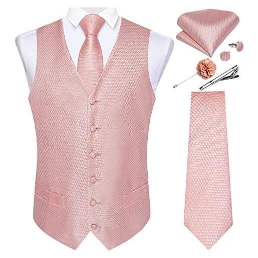 DiBanGu set di cravatte con gilet e cravatta formale con spilla da bavero e fermacravatta da uomo, in seta, da tasca quadrata, rosa cipria tinta unita, l