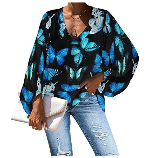 Belidome camicetta da donna in chiffon top camicia tuniche estate autunno manica lunga palloncino usura, farfalla blu. , xl