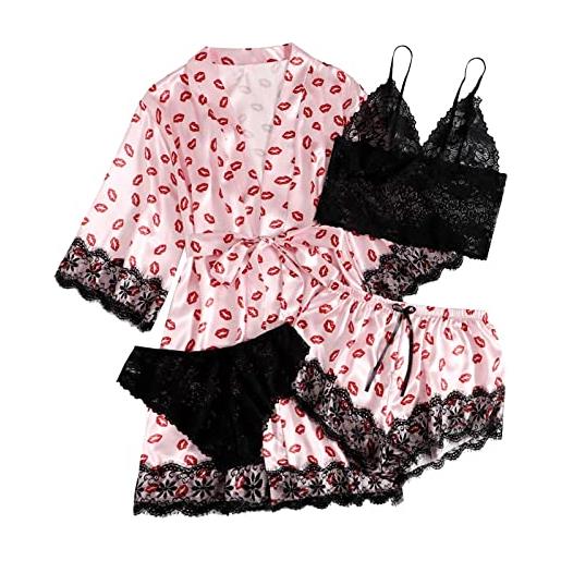 Generic lingerie donna in seta con bottoni, top e pantaloncini, camicia da notte casual con stampa labbra lingerie pigiama, colore: rosa. , m