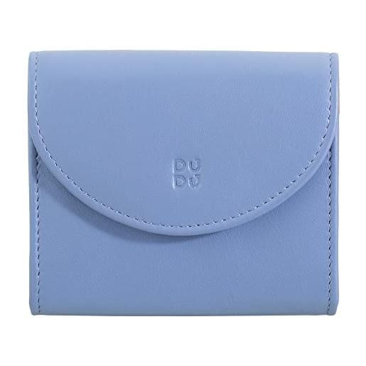 Dudu mini portafoglio donna slim in vera pelle con portamonete zip, chiusura a bottone, portafogli colorato compatto blu pastello