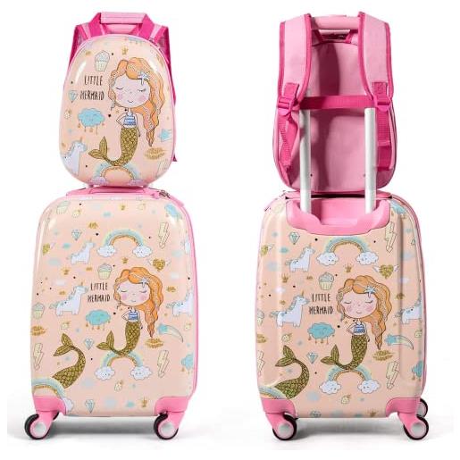 GYMAX trolley per bambini, set di valigia & zaino scuola carino (12+18, sirena)