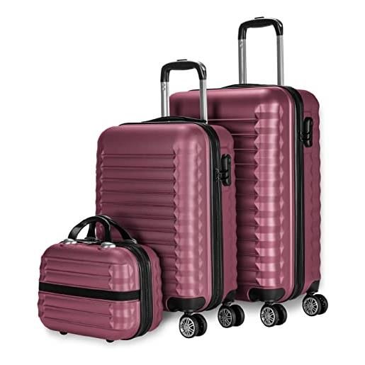 NUMADA - set di valigie 3pzs (53/63cm) e borsa da toilette bordeaux, abs resistente, leggero con 4 ruote doppie e lucchetto combinazione laterale