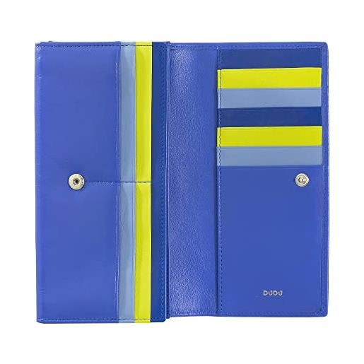 Dudu portafoglio donna pelle rfid design colorato lungo con portamonete zip 18 porta carte e chiusura a bottone fiordaliso