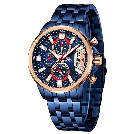 MF MINI FOCUS mini focus orologi in acciaio inox per gli uomini moda sport cronografo orologio uomo lusso luminoso al quarzo orologio, blu, cronografo