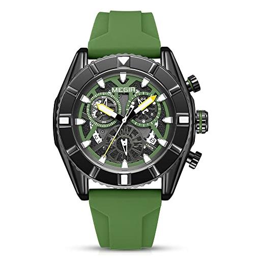 MEGIR orologi sportivi al quarzo da uomo cronografo militare 24 ore luminoso grande faccia con cinturino in silicone, verde