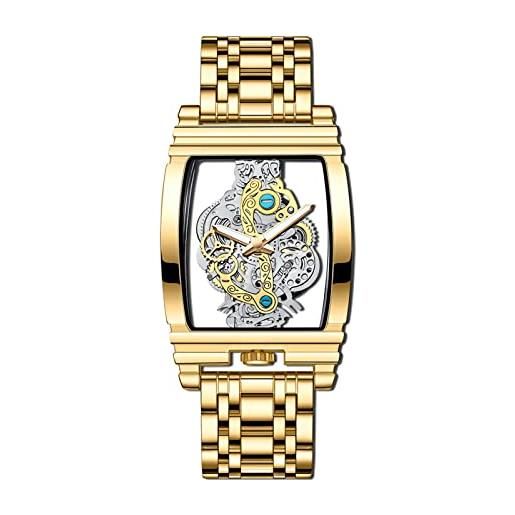 FORSINING orologio da uomo al quarzo con cinturino in pelle trasparente quadrante rettangolare analogico orologio da polso impermeabile di lusso da uomo luminoso, oro