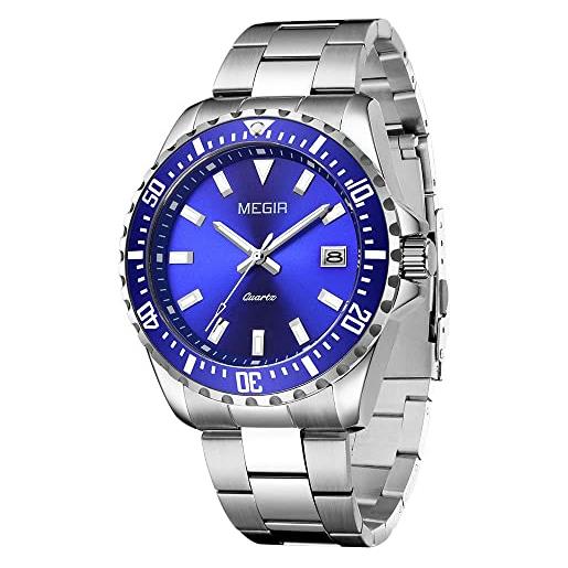 MEGIR orologi da uomo in acciaio inossidabile impermeabile di lusso moda cronografo classico orologi da polso uomo, blu, cronografo, movimento al quarzo