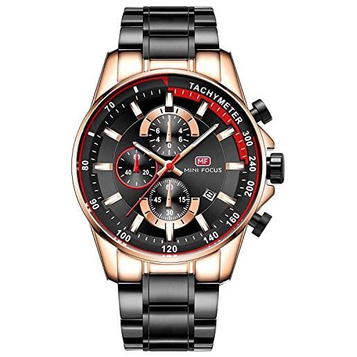 MF MINI FOCUS cronografo orologio al quarzo per gli uomini in acciaio inox link braccialetto moda impermeabile luminoso abito da polso, oro rosa e nero. 