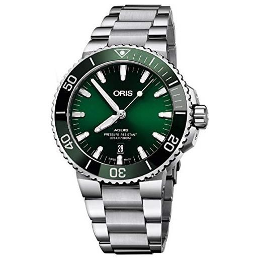 Oris aquis date green dial 43.5mm orologio da uomo in acciaio - riferimento: 01 733 7730 4157-07 8 24 05peb, verde, orologio subacqueo