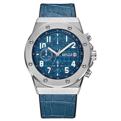 Baogela - orologio da polso da uomo con cinturino blu in pelle e quadrante blu militare, con grande cronografo e calendario, impermeabile e luminoso, formato xl