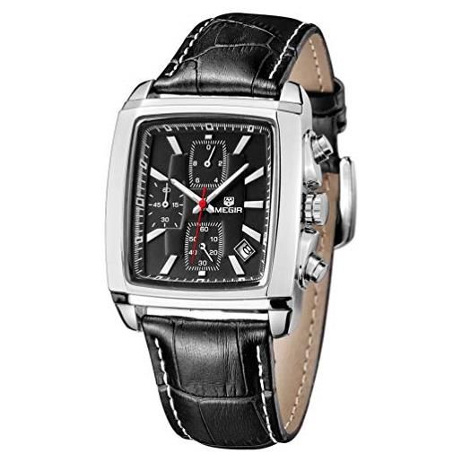 BAOGELA orologio da uomo vintage rettangolare con cinturino in pelle nero e quadrante quadrato all black, impermeabile cronografo e date