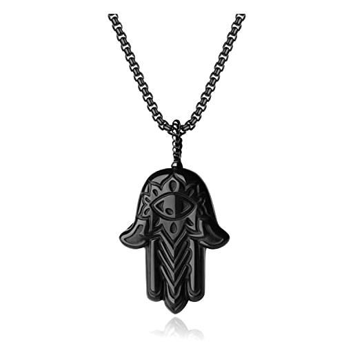 COAI collana unisex in acciaio inox con ciondolo mano di fatima in ossidiana