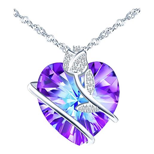INFINIONLY collana di cristallo cuore dell'oceano, pendente cuore da donna, in argento 925, collana di cristalli viola chiaro, circondato da rose, intarsiato con zircone lucido, lunghezza catena 45cm