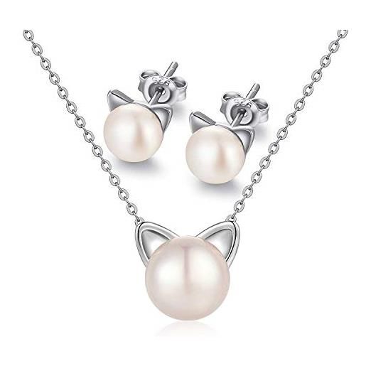 MicVivien gatto perle serie - donna collana orecchini 925 sterline argento con perla naturale d'acqua dolce