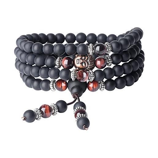 COAI Collana Bracciale Mala 108 Perle In Onice Opaca E Occhio Di Tigre - Gioiello Meditazione Unisex Con Astuccio