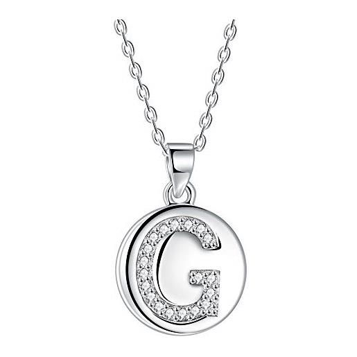 J.Endéar collana da donna con lettera iniziale g, pendente a disco in argento 925 con zirconi cubici aaa, lunghezza catena 40 + 5 cm
