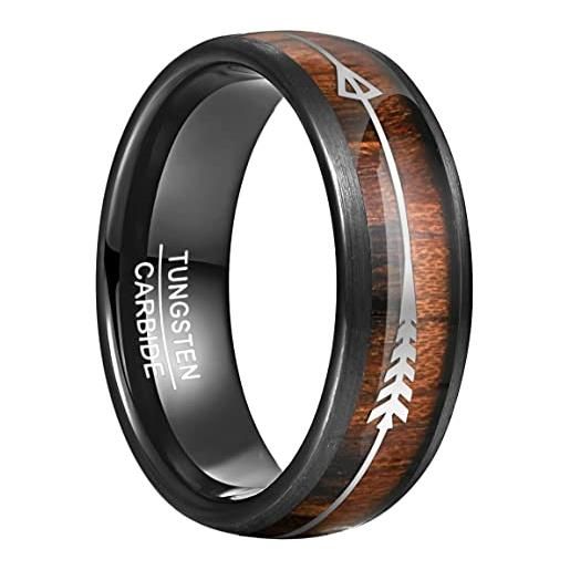 VAKKI anello in carburo di tungsteno nero da 8 mm per uomo/donna con legno di koa delle hawaii e freccia d'argento per fidanzamento di nozze lifestyle taglia 32