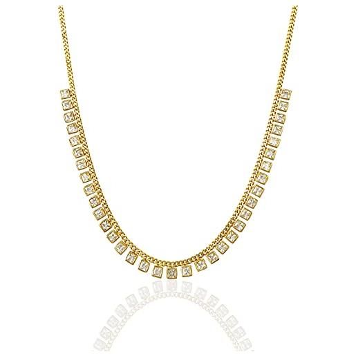 Aka Gioielli® - girocollo donna con zirconi in argento 925 placcato oro, collana con filare di pendenti in zircone