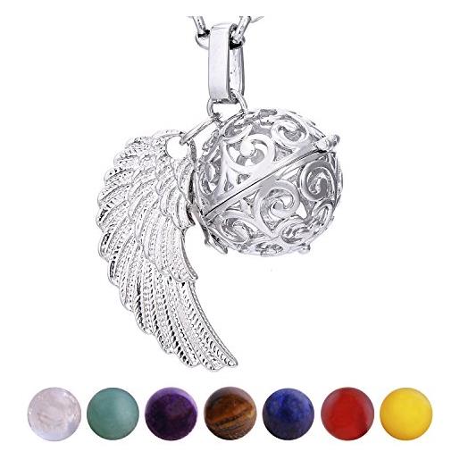 Morella collana donna acciaio inossidabile 70 cm con ciondolo ali di angelo e 7 sfere con pietre preziose gemme minerali in un sacchetto di velluto