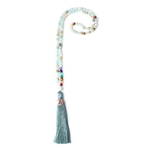 COAI collana con filo non elastico con nappa e targhetta buddha portafortuna con pietre chakra, collana 108 perle mala in amazzonite