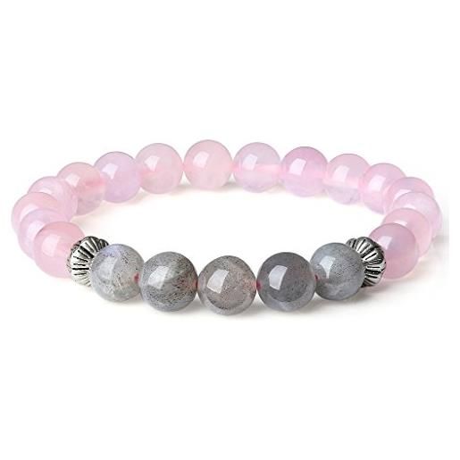 COAI bracciale da donna con perle in quarzo rosa e labradorite, bracciale energetico protettivo