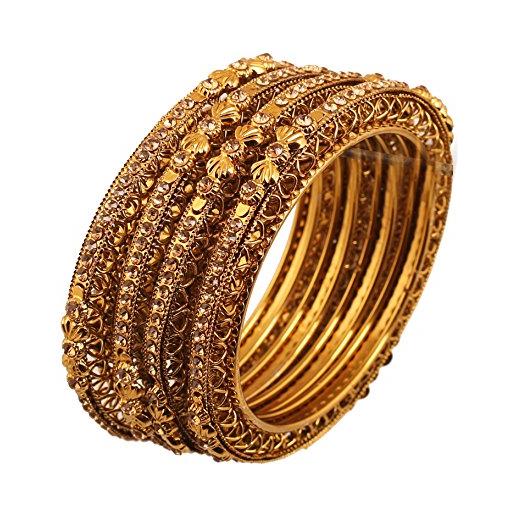 Touchstone golden bangle collection indian bollywood ethnic filigree yellow rhinestone designer jewelry metal bangle bracelets in antique gold tone for women. Set of 4. 