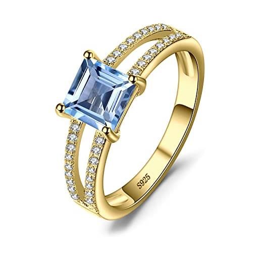 JewelryPalace anello solitario donna argento con naturale topazio blu, anelli donna in argento 925 con pietra azzurra a taglio principessa, fedina in oro anelli anniversario set gioielli donna 11.5