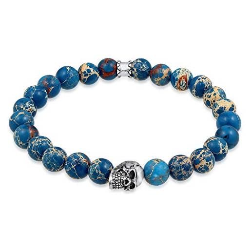 Kuzzoi buddha bracciale da uomo con agata blu e pietre preziose e teschio in argento sterling 925, braccialetto yoga, lunghezza 19-23 cm, elastico, 0205930619 e argento, colore: blu