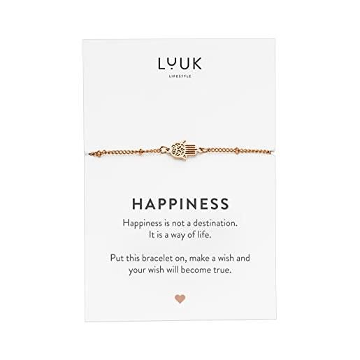 LUUK LIFESTYLE bracciale con ciondolo mano di hamsa in acciaio inossidabile (max 20 cm) con dedica messaggio happiness, fidanzata, portafortuna da viaggio, gioielli yoga, rosa