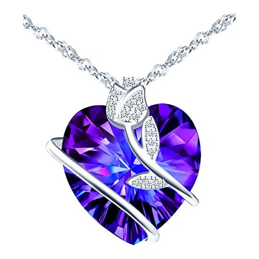 INFINIONLY collana di cristallo cuore dell'oceano, pendente cuore da donna, in argento 925, collana di cristalli viola, circondato da rose, intarsiato con zircone lucido, lunghezza catena 45cm