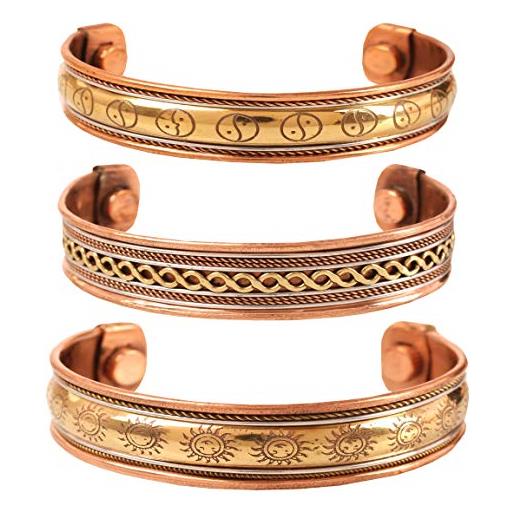 Touchstone copper magnetic healing bracelet tibetan style. Hand forged with solid and high gauge pure copper. Set of 3 different designs in 3 metals. 
