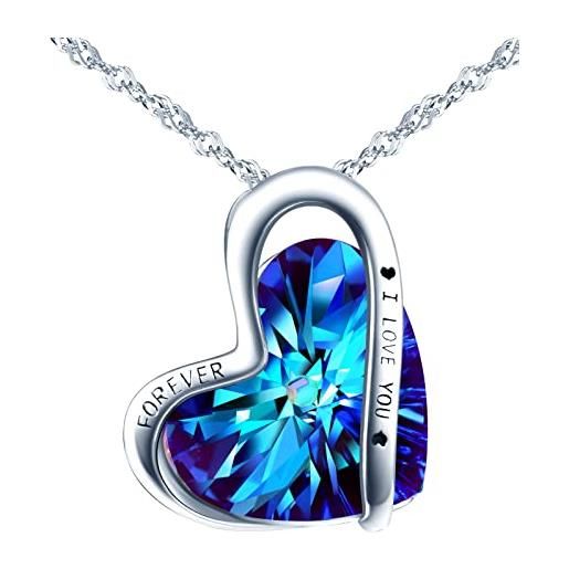 INFINIONLY collana di cristallo cuore dell'oceano, pendente cuore da donna, in argento 925, collana di cristalli blu oceano, circondato di cuore irregolare, i love u forever, catena da 45cm