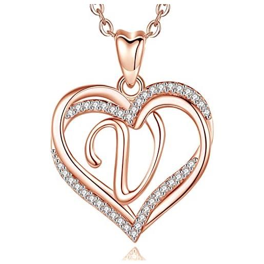 INFUSEU collana iniziale, doppio cuore v oro rosa ciondolo lettera catena da 20 pollici cubic zirconia cz gioielli personalizzati per donne donne signore