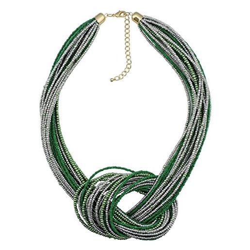 Bocar seed beads multilayer chunky bib statement knot collana (nk-10316-olive+silver tone)