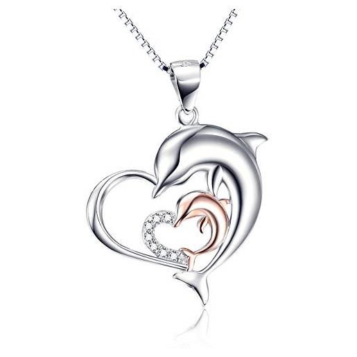 Silver Mountain donna collana argento 925 cuore ciondolo con zirconi due delfino pendente, 45cm