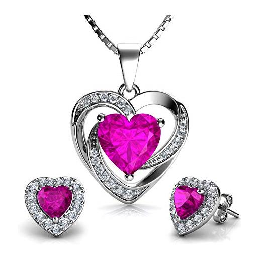 DEPHINI - set di gioielli rosa - forma di doppio cuore collana e orecchini - con zirconia cubica - collana argento donna 925 - idea regalo per donne e ragazze