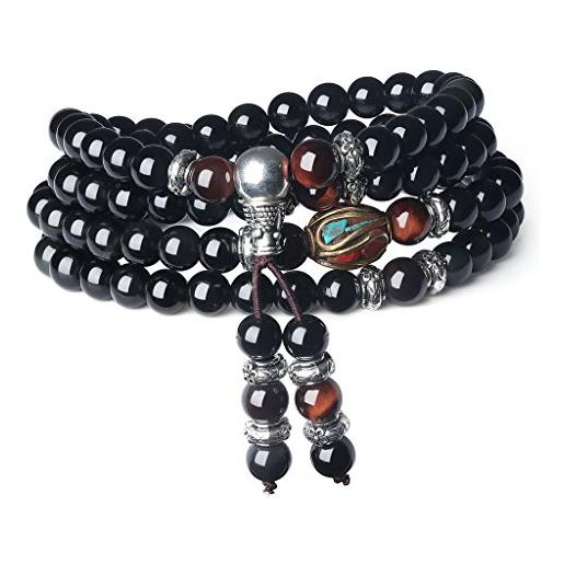COAI bracciale collana 108 perle mala in ossidiana e pietre naturali, rosario buddhista unisex