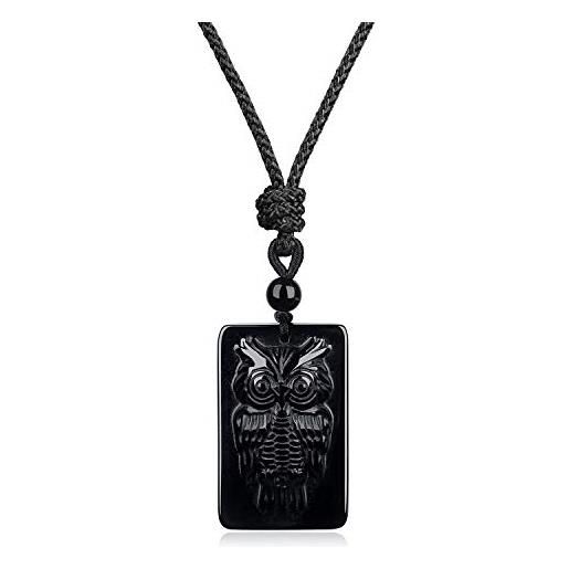 COAI pendente amuleto gufo in ossidiana nera, collana pendente unisex laccio regolabile