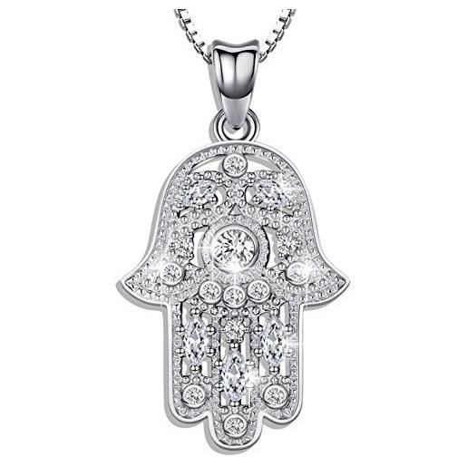Aniu collana da donna in argento sterling 925 con ciondolo a forma di mano di fatima con cristalli austriaci, regalo di protezione, fornito in confezione delicata (silver)