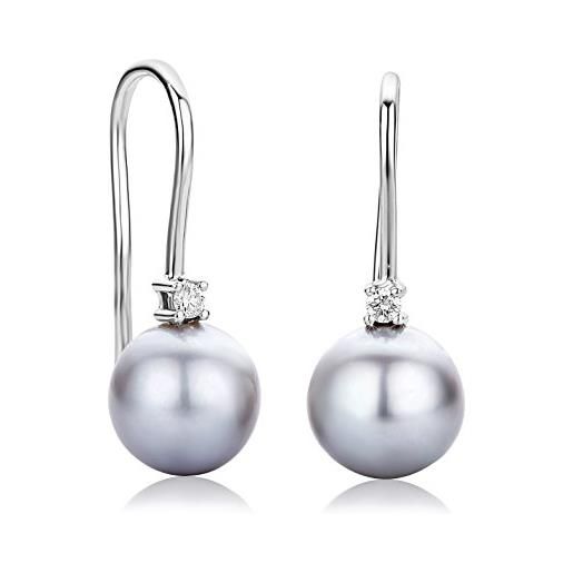 Orovi orecchini donna con perle grige e diamanti taglio brillante ct. 0,06 in oro bianco 18 kt 750 orecchini monachella con perle d'acqua dolce