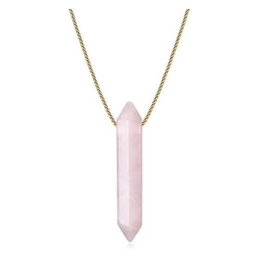 COAI pendente barra esagonale in quarzo rosa, collana pendente unisex catena lunga in acciaio inox