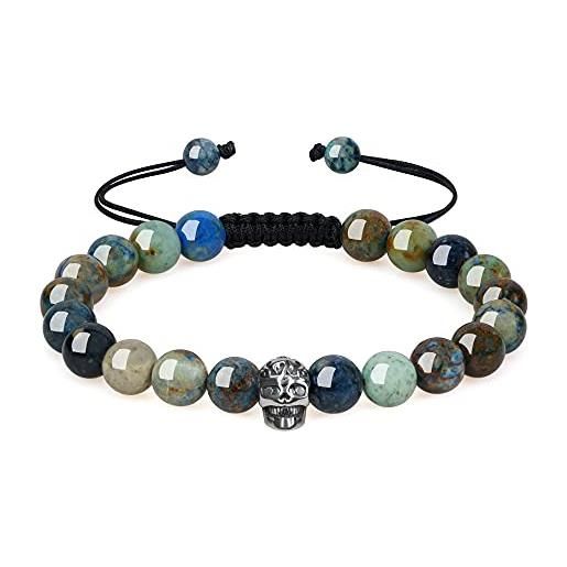 COAI bracciale unisex regolabile con perle in azzurrite e amuleto teschio