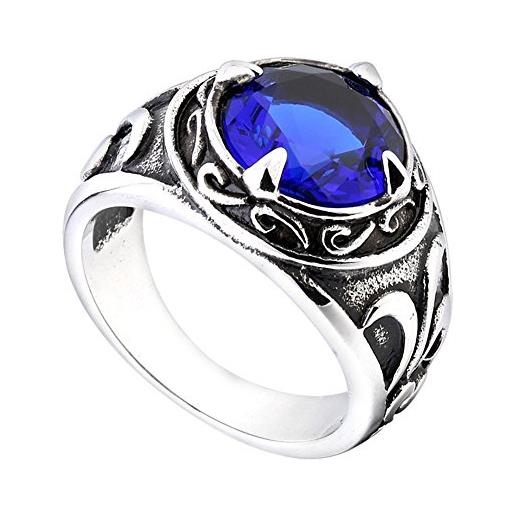 PMTIER acciaio inossidabile annata fiore ventaglio tondo pietra preziosa anello per uomo blu taglia 14