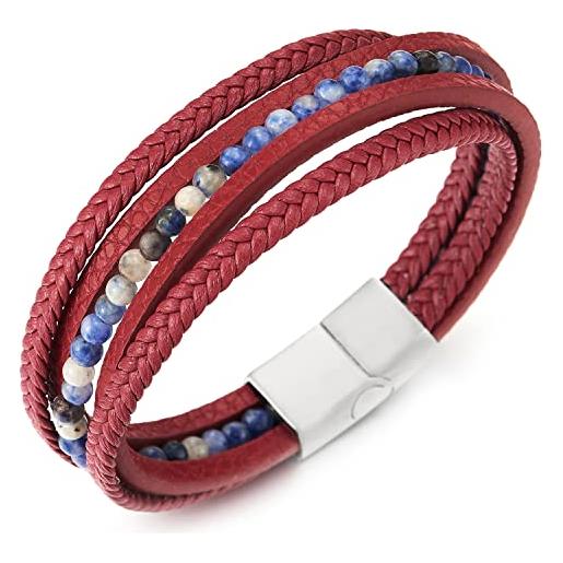 COOLSTEELANDBEYOND pietre perlina catena rosso intrecciato cuoio fascia polso braccialetto, pelle bracciali, acciaio chiusura magnetica