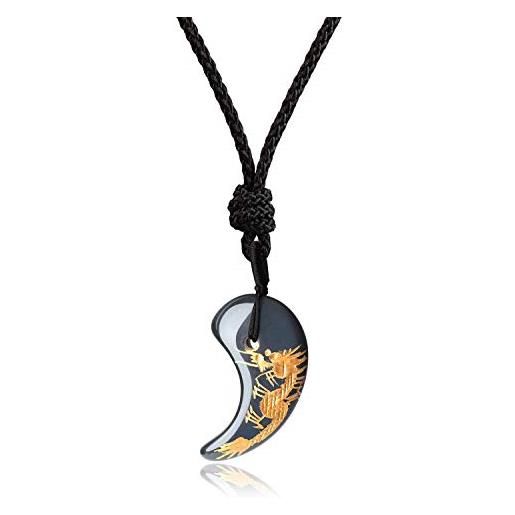 COAI pendente unisex magatama in ossidiana intarsiata oro con totem animale drago, collana regolabile con ciondolo giapponese